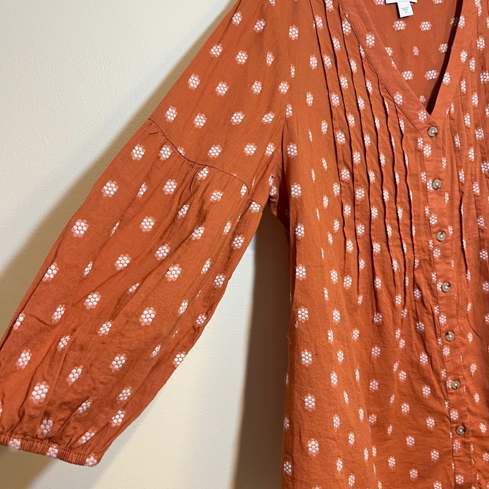 J. Jill Shirt Blouse Top Orange White Embroidered Pintuck V Neck Button Up Med - Picture 4 of 6